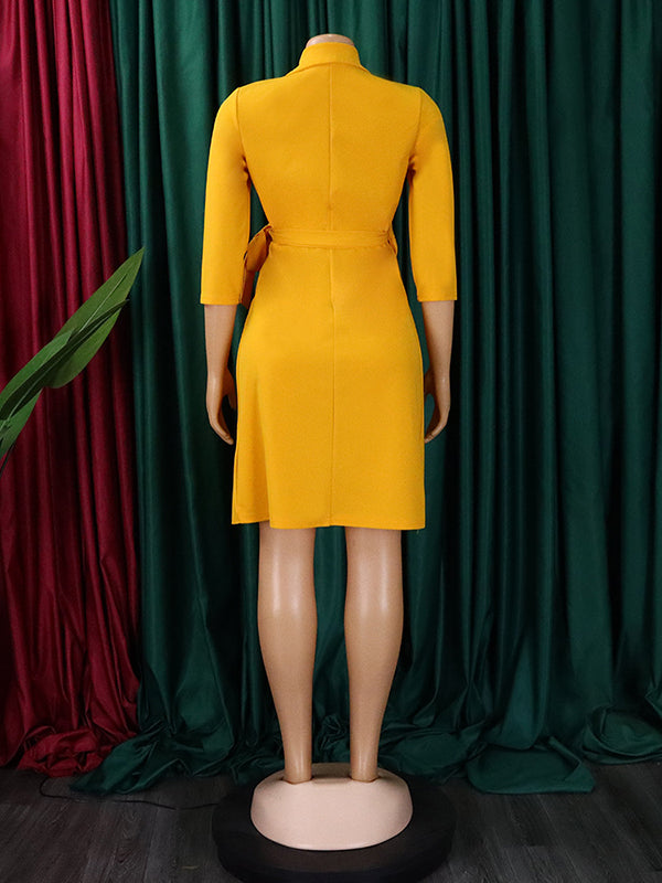 Momentlover Tied Waist Split-Front Solid Color Pleated Three-Quarter Sleeves V-Neck Mini Dresses