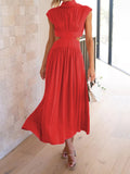 Momentlover Solid Color Pleated Belly-Hollow Cap Sleeve Stand Collar Maxi Dresses