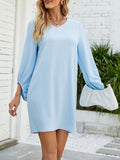 Momentlover Solid Color Ruffled Puff Sleeves Loose V-Neck Mini Dresses