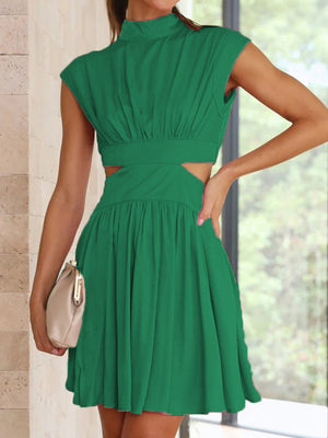 Momentlover Solid Color Pleated Belly-Hollow Skinny Stand Collar Mini Dresses