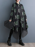 Momentlover Split-Joint Mesh Letter Print Buttoned Loose Long Sleeves Lapel Shirt Dress Midi Dresses