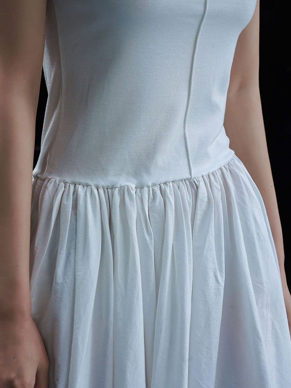 Momentlover Split-Joint Solid Color Pleated Sleeveless Loose Round-Neck Maxi Dresses