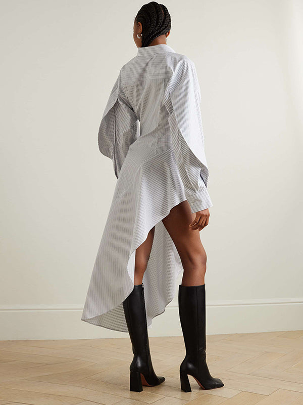 Momentlover Striped Asymmetric Long Sleeves Lapel Collar Midi Dresses