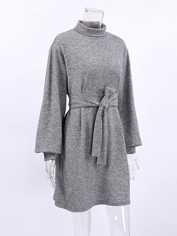 Momentlover Tied Waist Split-Joint Solid Color Pleated Puff Sleeves Loose High Neck Mini Dresses