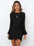 Momentlover Simple Long Sleeves Skinny Tied Falbala Solid Color Round-Neck Mini Dresses