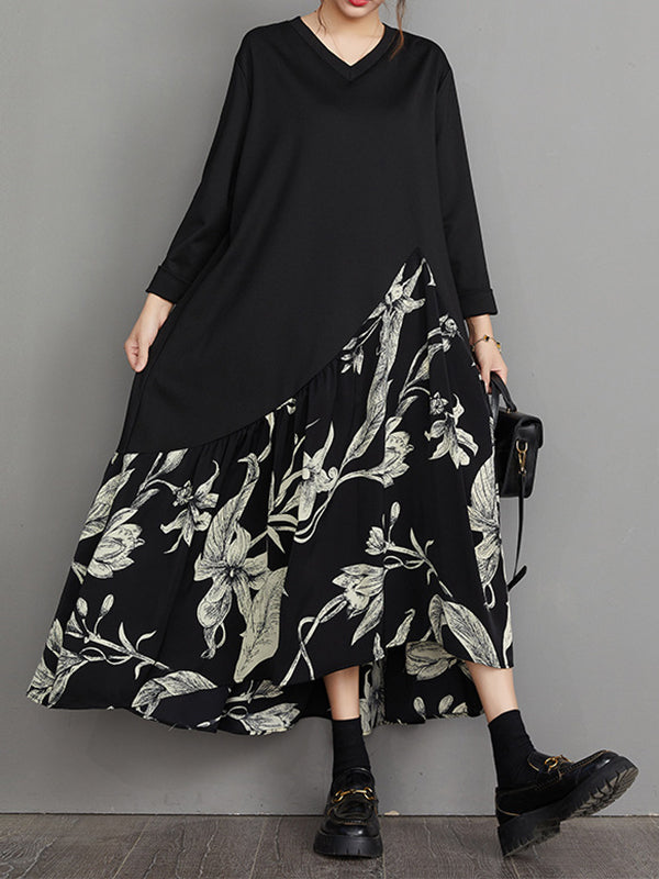 Momentlover Split-Joint Flower Print Asymmetric Loose Long Sleeves V-Neck Midi Dresses