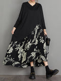 Momentlover Split-Joint Flower Print Asymmetric Loose Long Sleeves V-Neck Midi Dresses