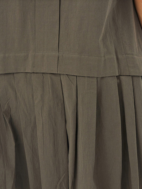 Momentlover Solid Color Pleated Sleeveless Loose Stand Collar Shirt Dress Midi Dresses