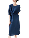 Momentlover Stylish Irregularity Loose Pleated Solid Color Round-Neck Midi Dresses