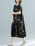 Momentlover Printed Short Sleeves Loose Round-neck Midi Dresses