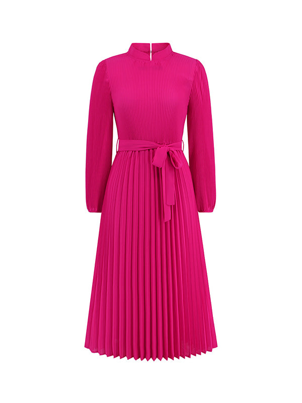 Momentlover Tied Waist Solid Color Pleated Hollow Long Sleeves High Waisted Mock Neck Midi Dresses
