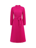 Momentlover Tied Waist Solid Color Pleated Hollow Long Sleeves High Waisted Mock Neck Midi Dresses