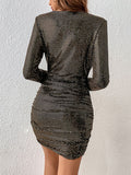 Momentlover Split-Joint Sequined Skinny Long Sleeves V-Neck Mini Dresses Evening Dresses