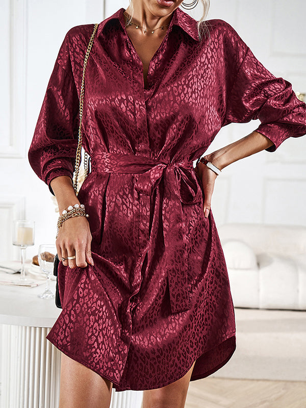 Momentlover Tied Waist Leopard Buttoned Loose Long Sleeves Lapel Shirt Dress Mini Dresses