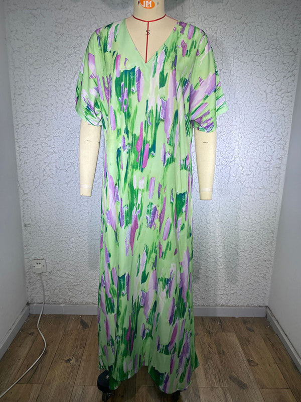 Momentlover Printed Multi-Colored Short Sleeves Loose V-neck Maxi Dresses