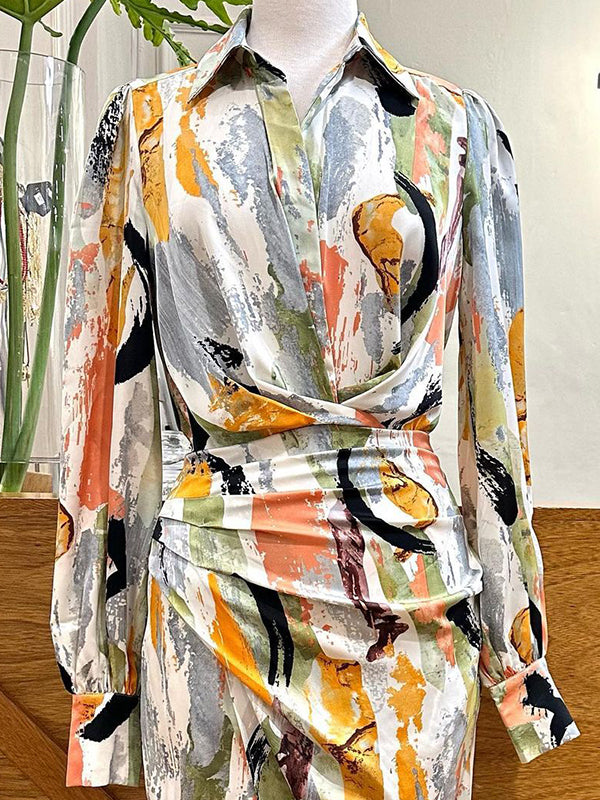 Momentlover Split-Joint Printed Pleated Asymmetric Long Sleeves High Waisted Lapel Midi Dresses