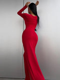 Momentlover Split-Side Solid Color Long Sleeves Bodycon Round-Neck Maxi Dresses