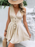 Momentlover Solid Color Sleeveless High Waisted V-Neck Mini Dresses