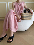Momentlover Solid Color Pleated Sleeveless Loose Round-Neck Midi Dresses