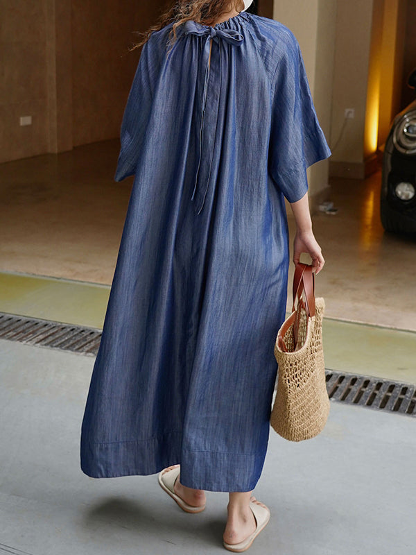 Momentlover Solid Color Pleated Lace-Up Drawstring Short Sleeves Raglan Sleeve Round-Neck Midi Dresses