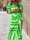Momentlover Striped Printed Knot Asymmetric Loose Long Sleeves V-Neck Maxi Dresses