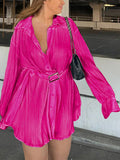 Momentlover Tied Waist Solid Color Pleated Buttoned Long Sleeves Lapel Shirt Dress Mini Dresses