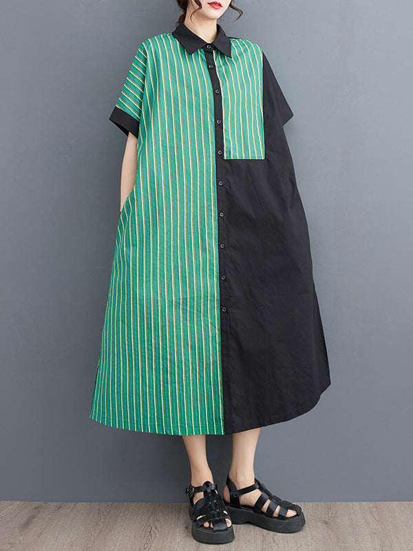 Momentlover Striped Split-Joint Asymmetric Short Sleeves Loose Lapel Shirt Dress Midi Dresses
