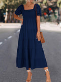 Momentlover Split-Joint Solid Color Pleated Elasticity Short Sleeves High Waisted Square-neck Midi Dresses