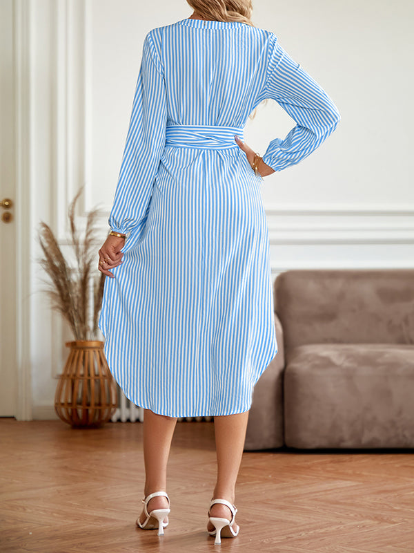 Momentlover Tied Waist Striped Puff Sleeves Loose V-Neck Shirt Dress Midi Dresses