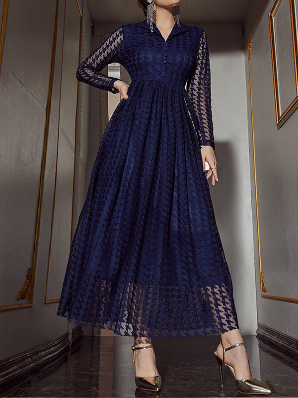 Momentlover Solid Color See-Through Gauze Buttoned Long Sleeves High Waisted V-Neck Maxi Dresses