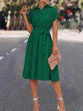 Momentlover Tied Waist Solid Color Buttoned Short Sleeves High Waisted Lapel Collar Shirt Dress Midi Dresses