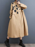 Momentlover Split-Joint Polka Dot Buttoned Asymmetric Loose Long Sleeves Lapel Midi Dresses