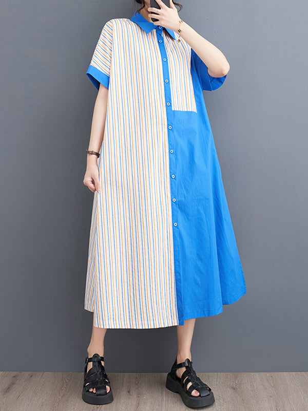 Momentlover Striped Split-Joint Asymmetric Short Sleeves Loose Lapel Shirt Dress Midi Dresses
