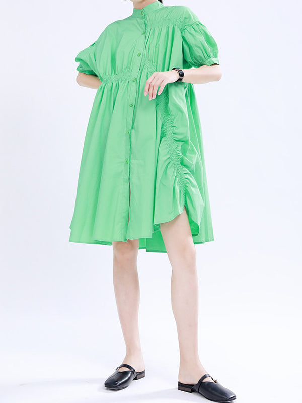 Momentlover Solid Color Pleated Asymmetric Short Sleeves Loose Stand Collar Shirt Dress Mini Dresses
