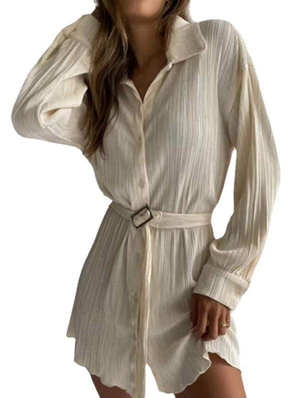 Momentlover Tied Waist Solid Color Pleated Buttoned Long Sleeves Lapel Shirt Dress Mini Dresses