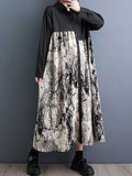 Momentlover Split-Joint Printed Buttoned Asymmetric Loose Long Sleeves Lapel Shirt Dress Midi Dresses