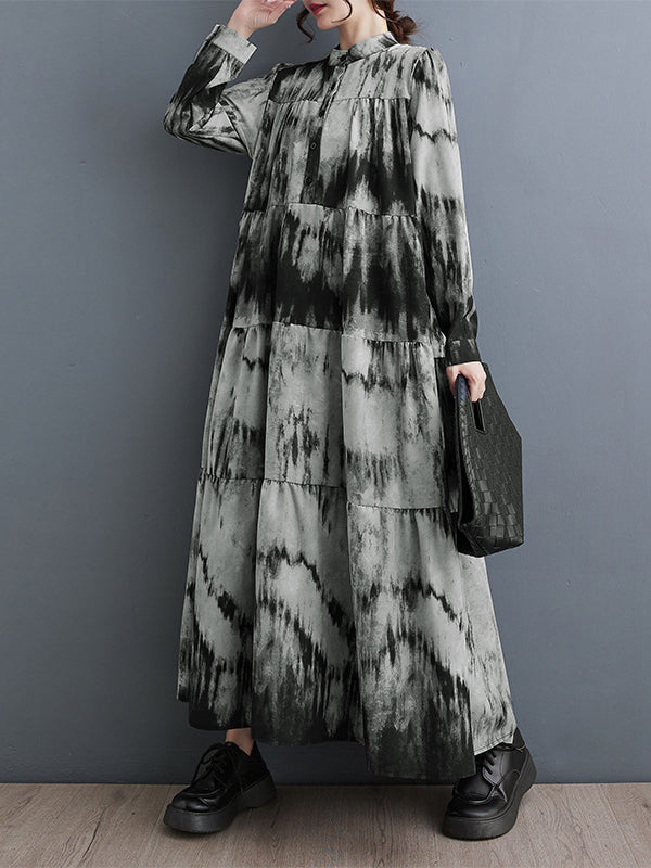 Momentlover Tie-dyed Split-Joint Pleated Loose Long Sleeves Stand Collar Midi Dresses