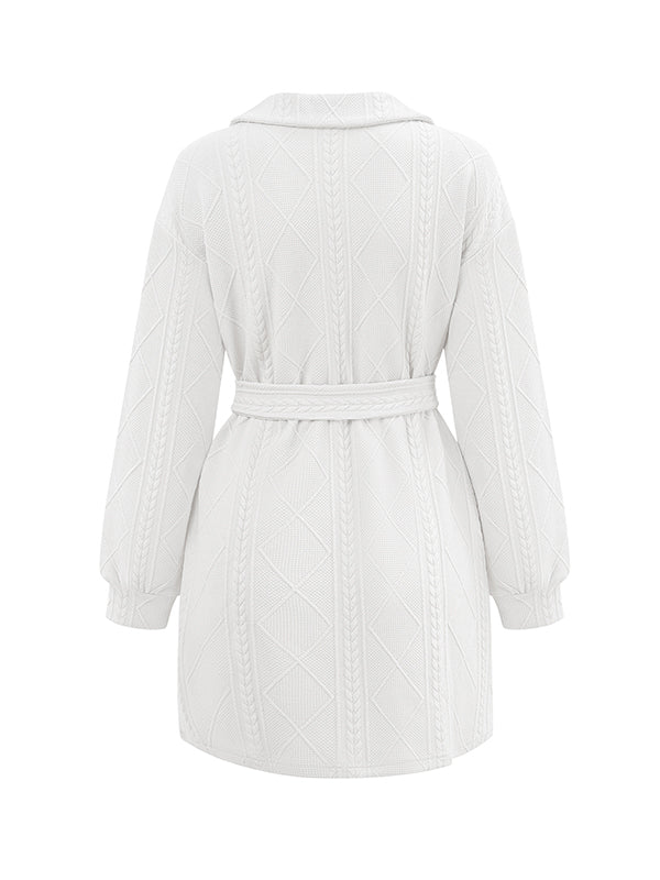 Momentlover Tied Waist Solid Color Jacquard Long Sleeves V-neck Mini Dresses