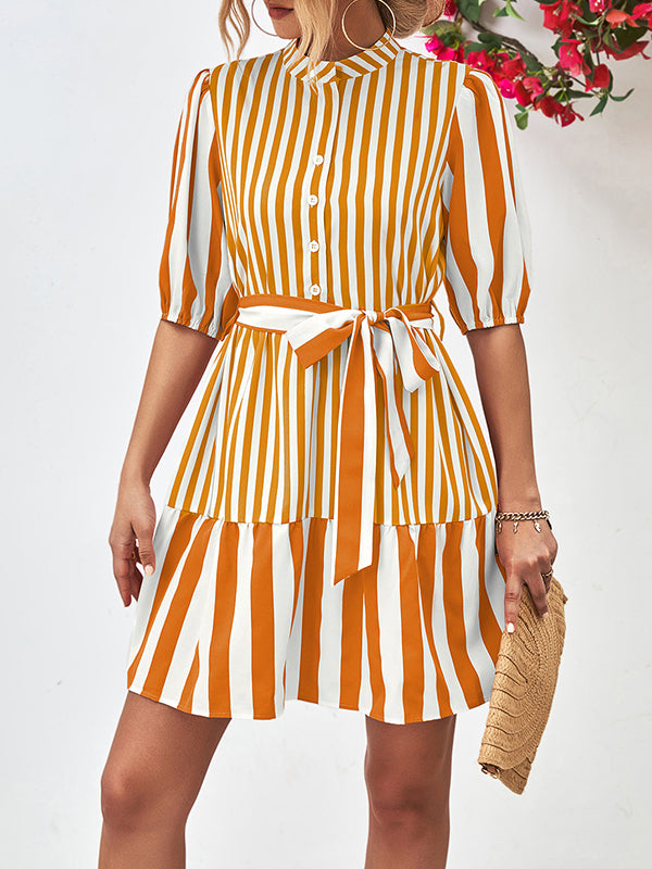 Momentlover Striped Buttoned Loose Half Sleeves Stand Collar Mini Dresses