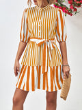 Momentlover Striped Buttoned Loose Half Sleeves Stand Collar Mini Dresses