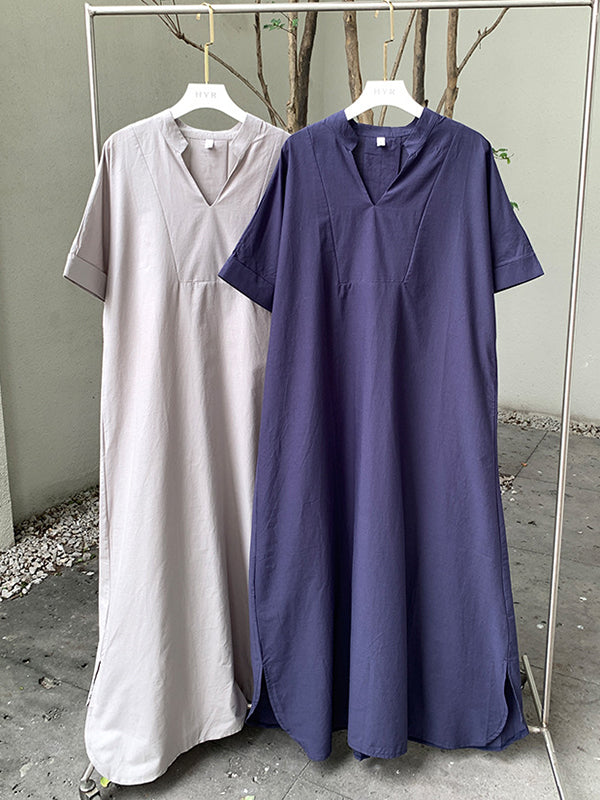 Momentlover Solid Color Short Sleeves Loose V-Neck Maxi Dresses
