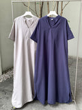 Momentlover Solid Color Short Sleeves Loose V-Neck Maxi Dresses