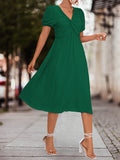 Momentlover Split-Joint Solid Color Pleated Knot Elasticity Short Sleeves Puff Sleeves V-neck Midi Dresses