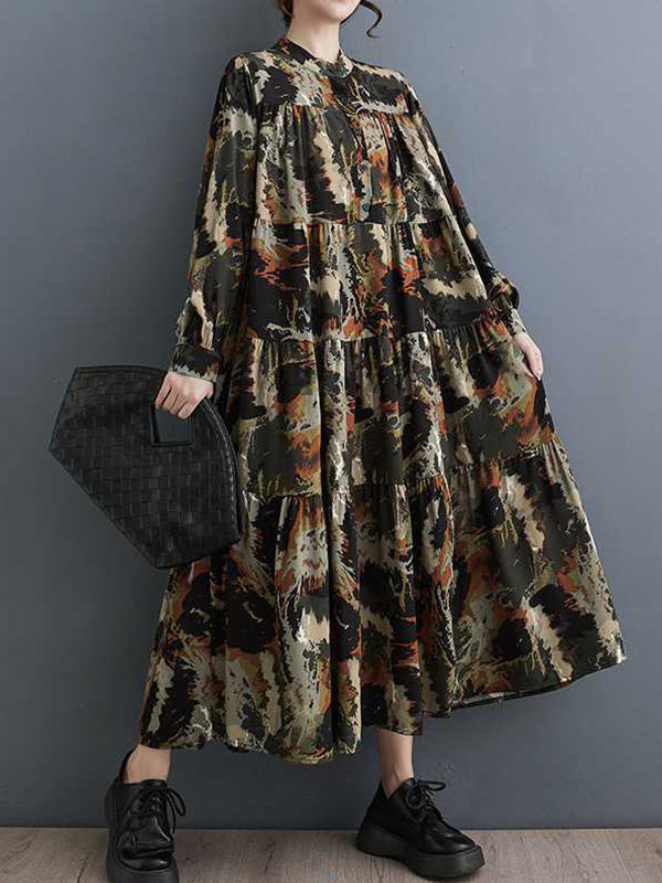 Momentlover Split-Joint Printed Pleated Loose Long Sleeves Round-Neck Midi Dresses