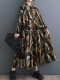 Momentlover Split-Joint Printed Pleated Loose Long Sleeves Round-Neck Midi Dresses