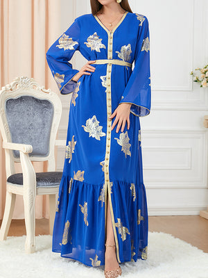 Momentlover Tied Waist Split-Joint Split-Front Printed Pleated Loose Long Sleeves V-Neck Maxi Dresses