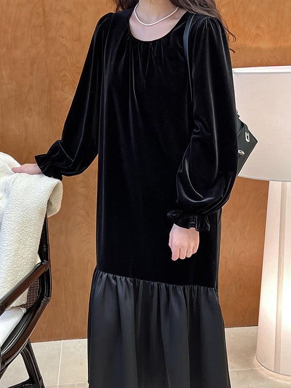 Momentlover Velvet Split-Joint Ruffled Pleated Contrast Color Loose Long Sleeves Round-Neck Midi Dresses