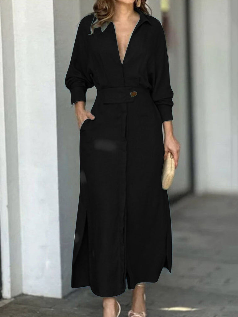 Momentlover Solid Color Long Sleeves Lapel Collar Maxi Dresses