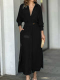 Momentlover Solid Color Long Sleeves Lapel Collar Maxi Dresses