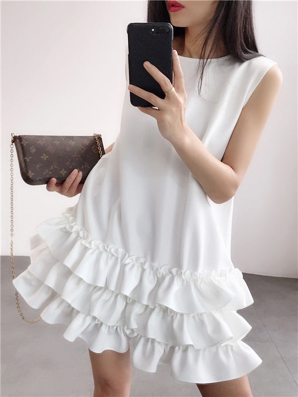 Momentlover Zipper Split-Joint Solid Color Falbala Sleeveless Loose Round-Neck Mini Dresses